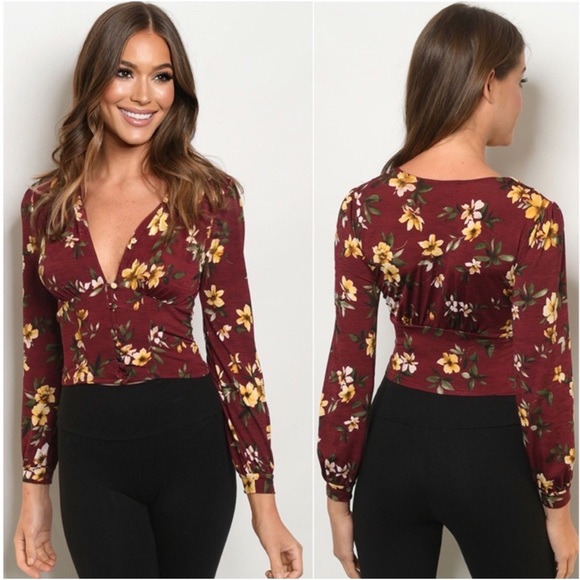 Women's Sexy Vneck Long Sleeve Fall Floral Pretty Cropped Blouse Top - Picture 3 of 3
